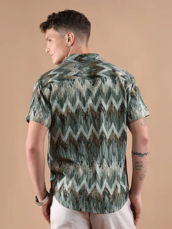 Green Chevron Half Sleeve Viscose Shirt